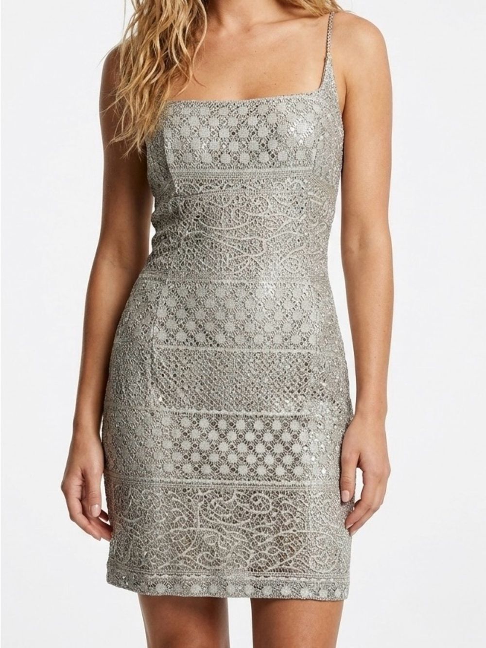 Vintage Bari Jay Silver Metallic Lace Dress Women's Small 90s Y2K Mini Sheath